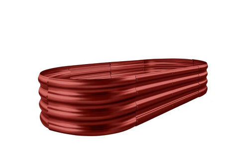 Land Guard oval galvanized raised bed in brown finish ready for outdoor planting