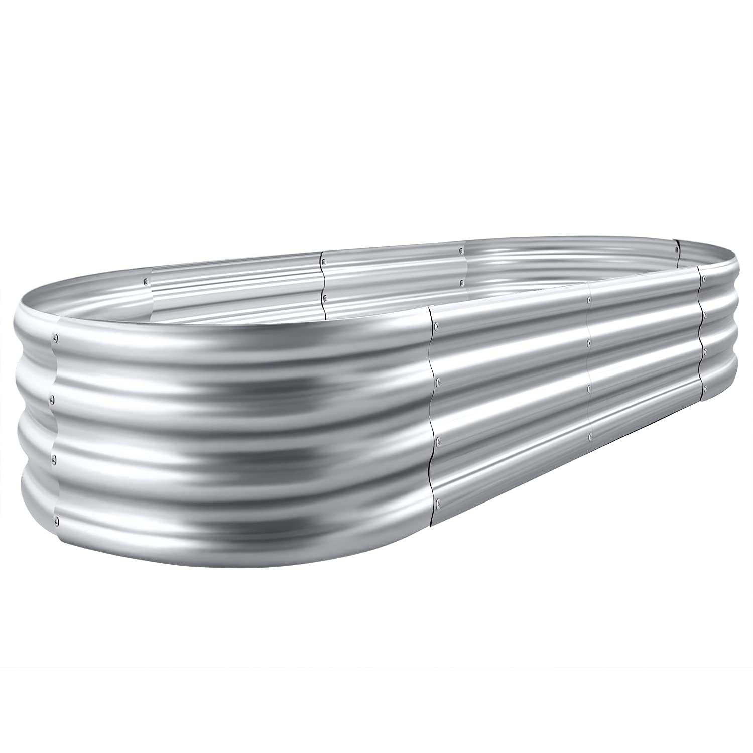 Land Guard oval galvanized raised bed front view for durable vegetable growing