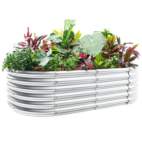 Land Guard oval galvanized raised garden bed exterior, built for long outdoor use.