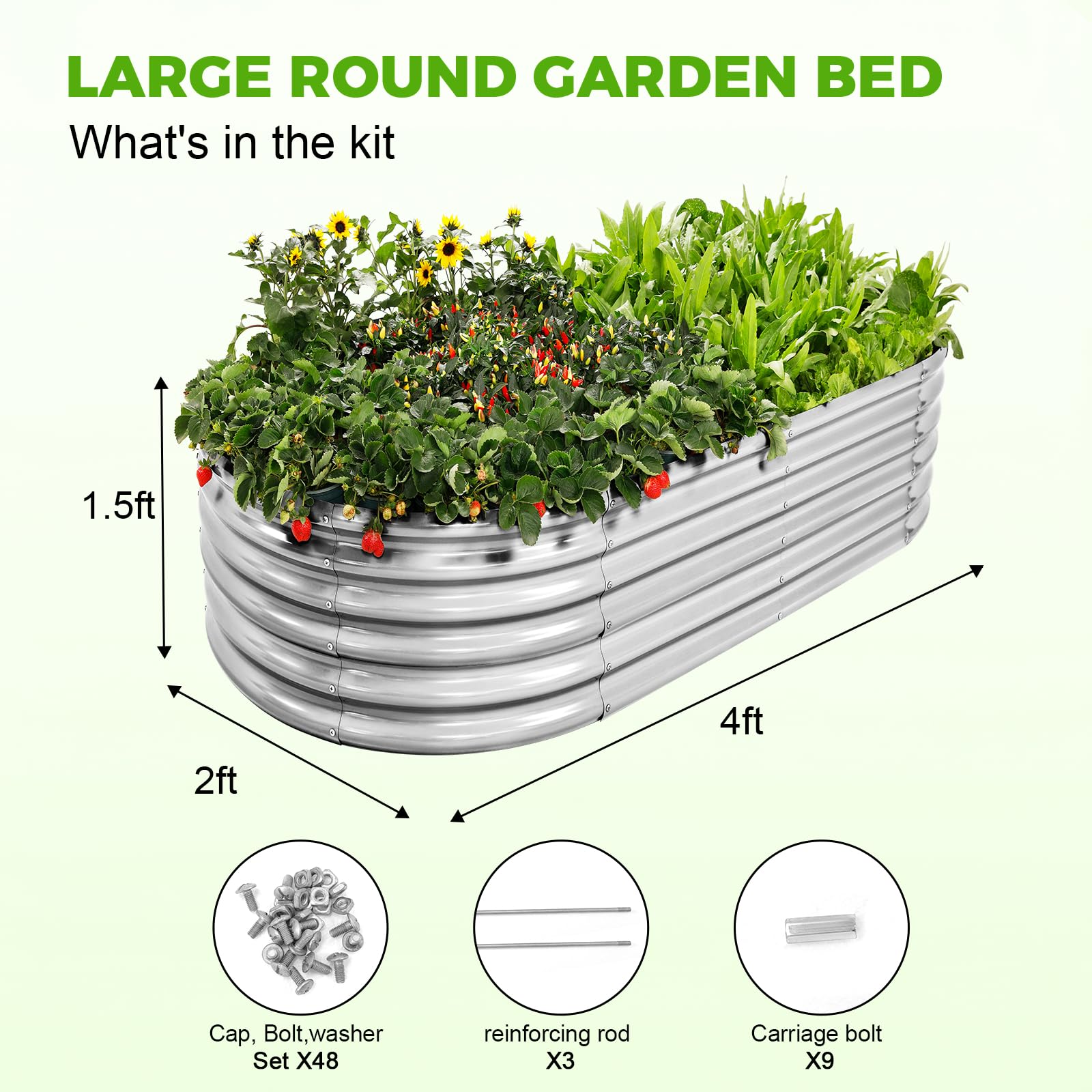 Land Guard oval galvanized raised garden bed in use showcasing large soil capacity.