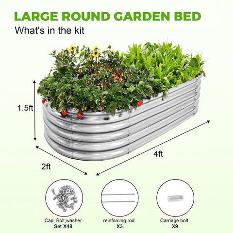 Land Guard oval galvanized raised garden bed in use showcasing large soil capacity.
