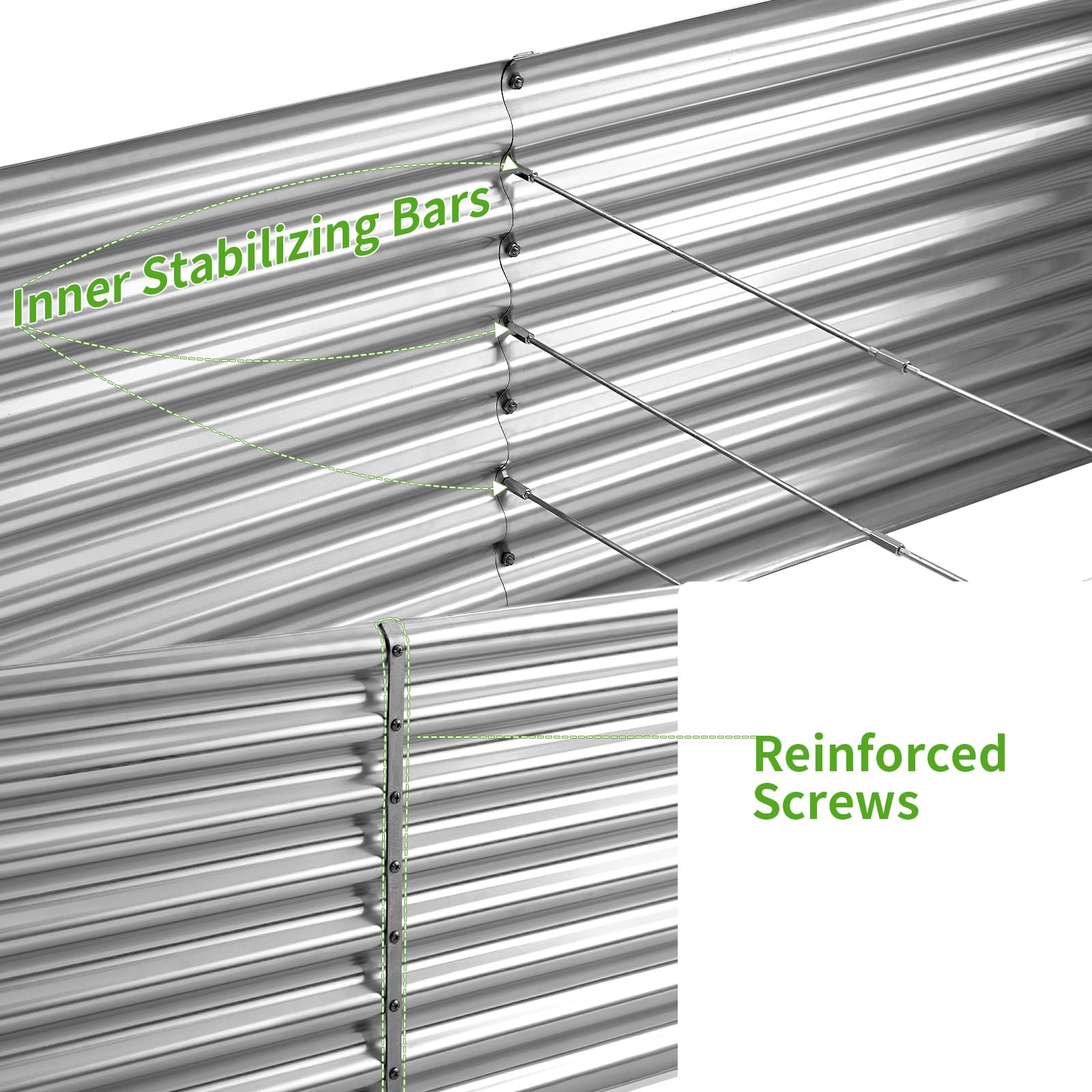 Durable galvanized steel with eco-friendly coating resists rust in sun, rain, and snow.