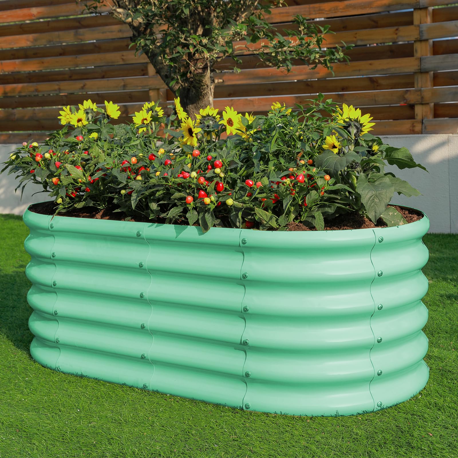 Land Guard lime-green galvanized planter bed ideal for vegetables, fruits, and flowers.