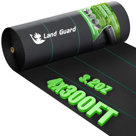 Land Guard weed barrier fabric 4ft wide blocks weeds while permitting air and water.