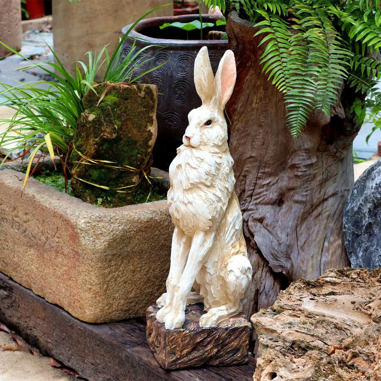 LANDCHY rabbit statue on porch sill for refined outdoor decor
