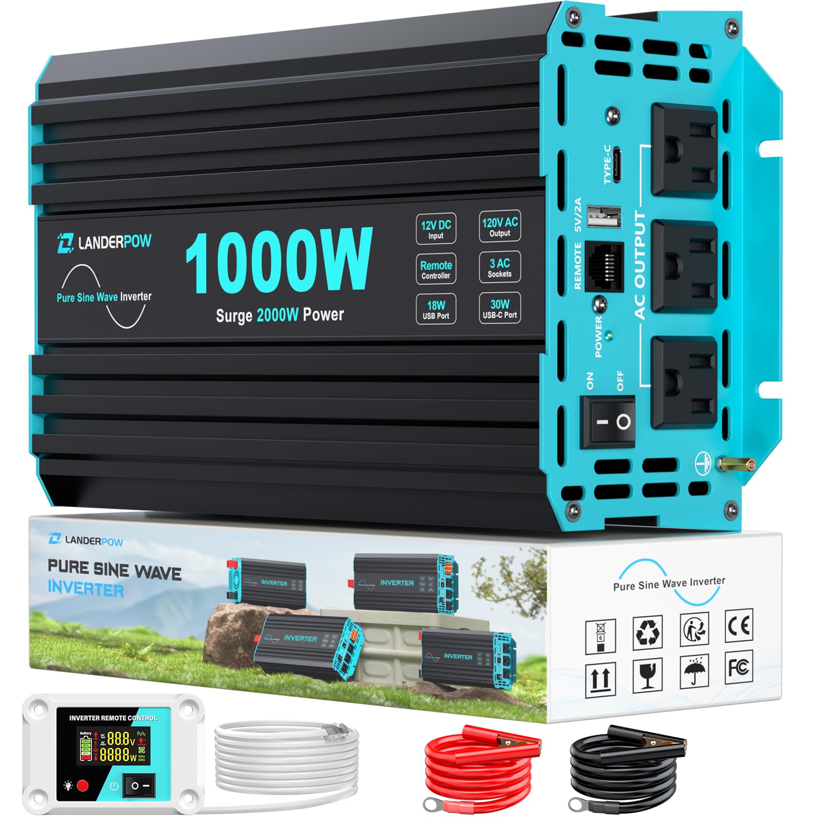 LANDERPOW 1000W pure sine inverter front view powering devices safely.