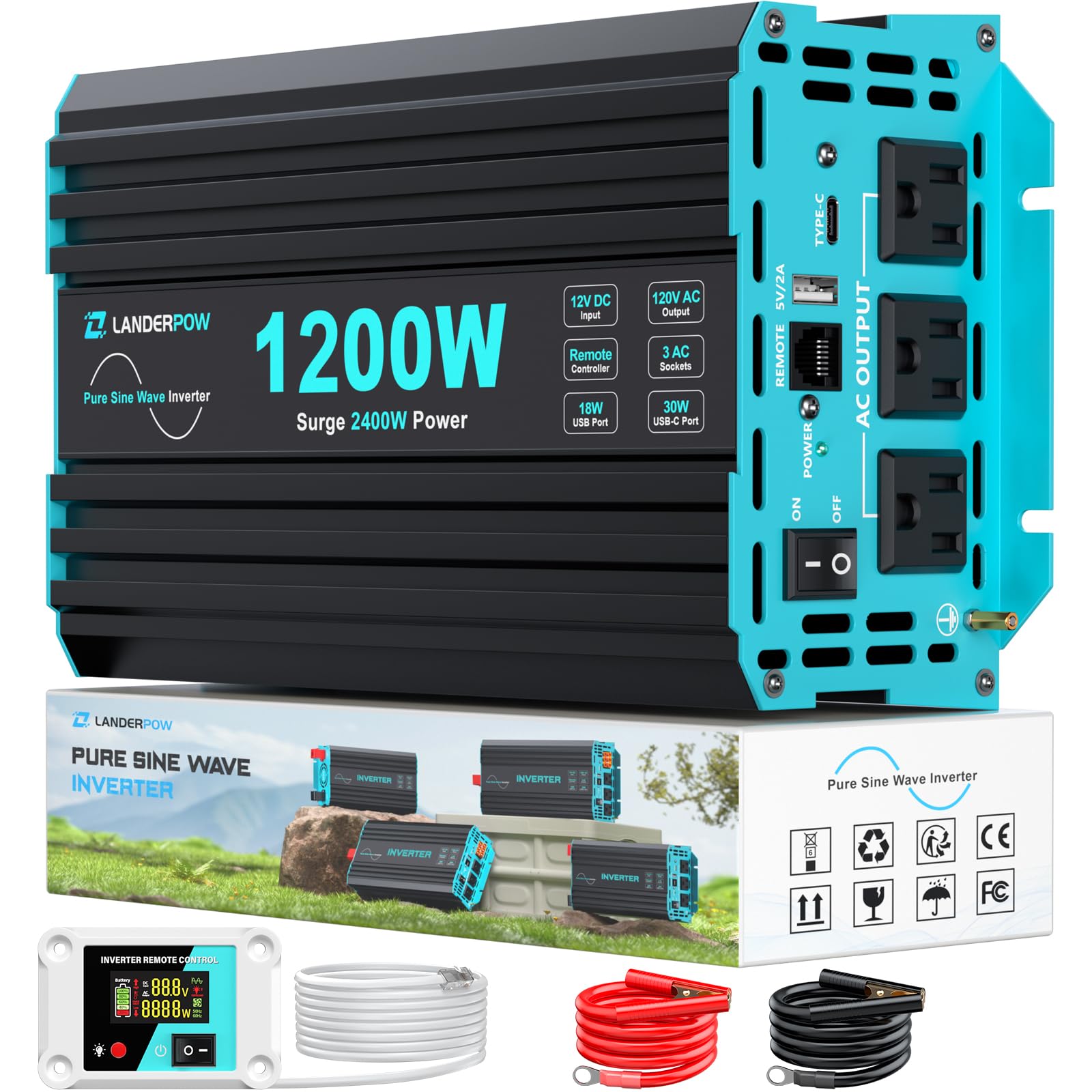 LANDERPOW 1200W pure sine wave inverter front view for portable power