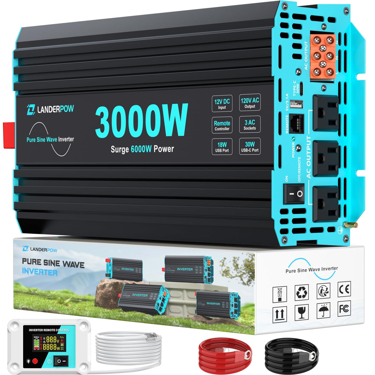 LANDERPOW 3000W pure sine inverter front view, ideal for off-grid power.