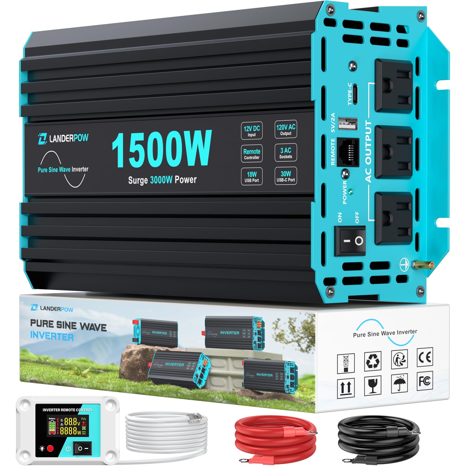 LANDERPOW 1500W pure sine inverter delivers clean power for sensitive electronics.