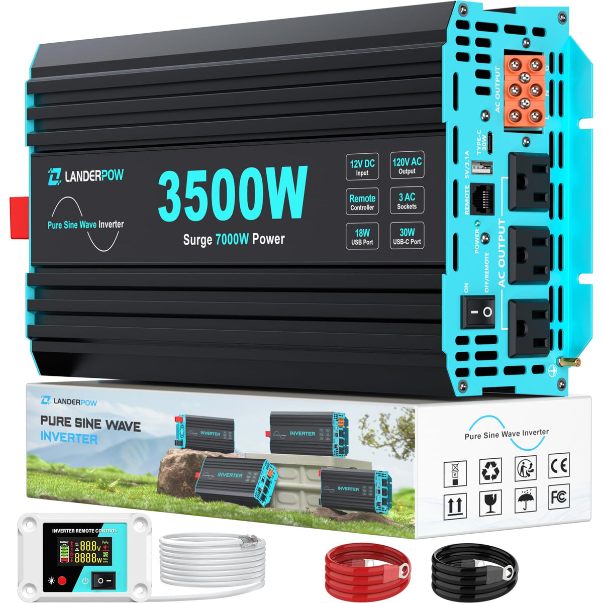 LANDERPOW Pure Sine Wave 3500W inverter front view powering electronics safely.