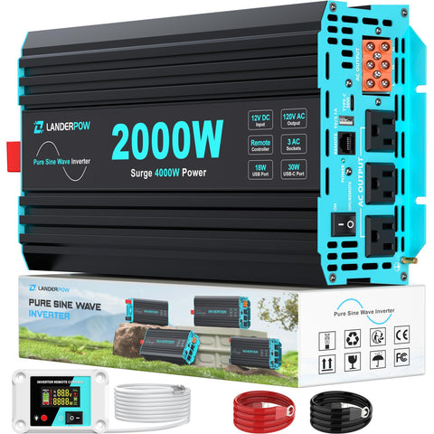 LANDERPOW Pure Sine Wave Inverter 2000W front view delivers clean power for sensitive electronics