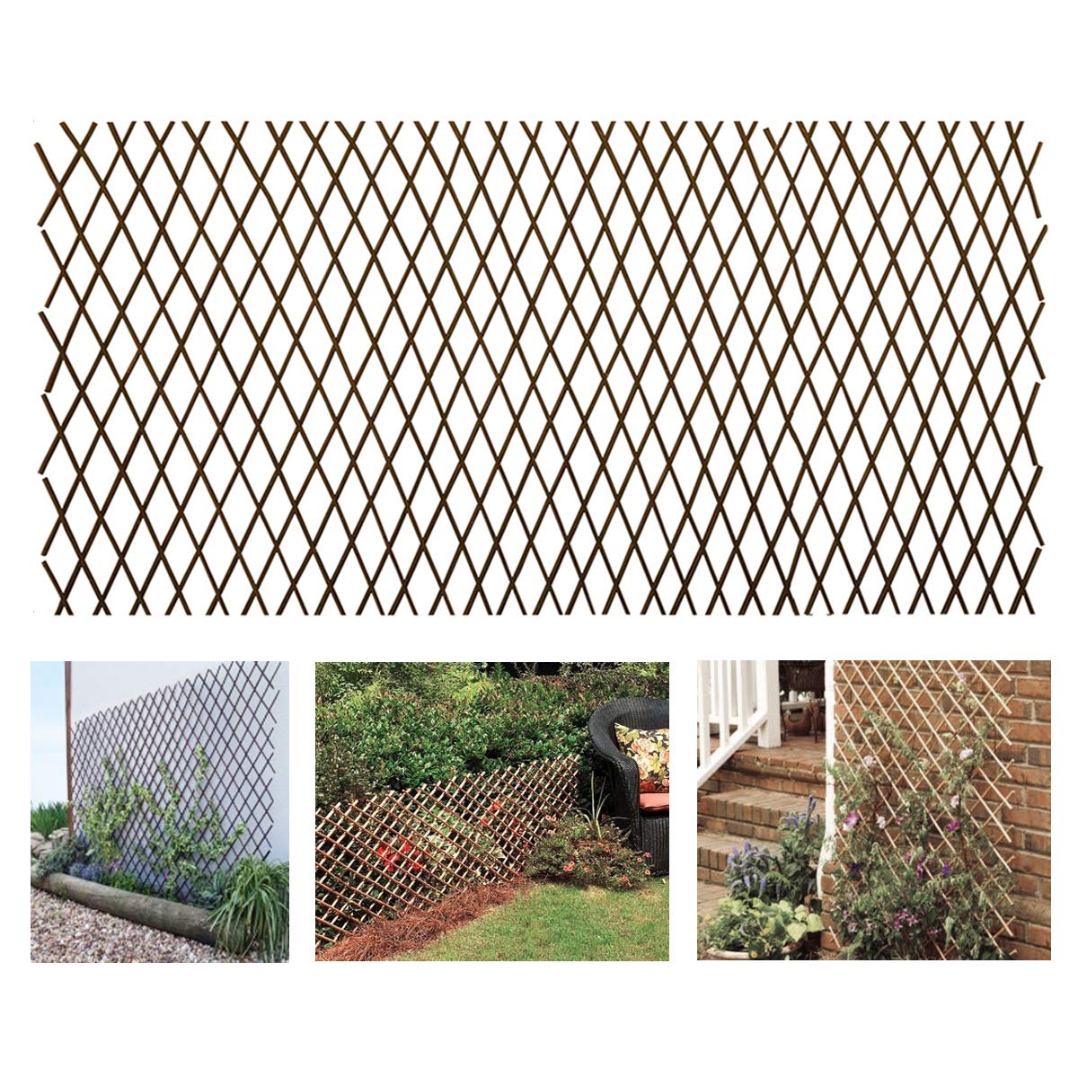 LANDGARDEN expandable willow trellis fully expanded supports climbing plants outdoors.