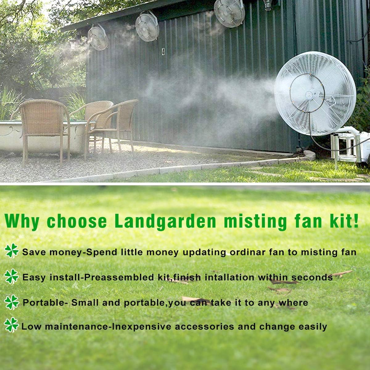 LANDGARDEN pre assembled misting ring on a fan for instant cooling