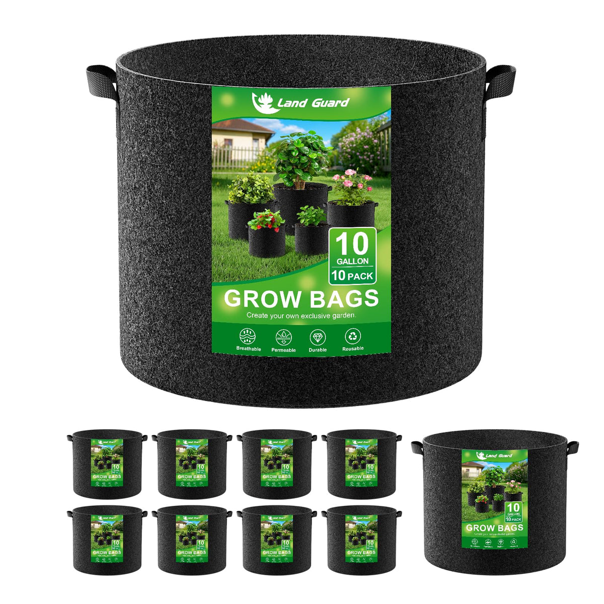 Land Guard 10-gallon grow bag exterior, durable fabric for versatile gardening.