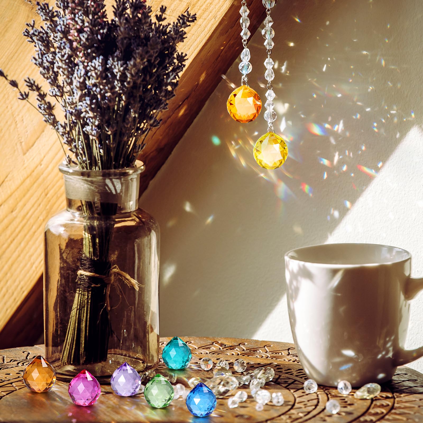 Landical multi-color suncatchers hang from chandeliers for festive ambiance