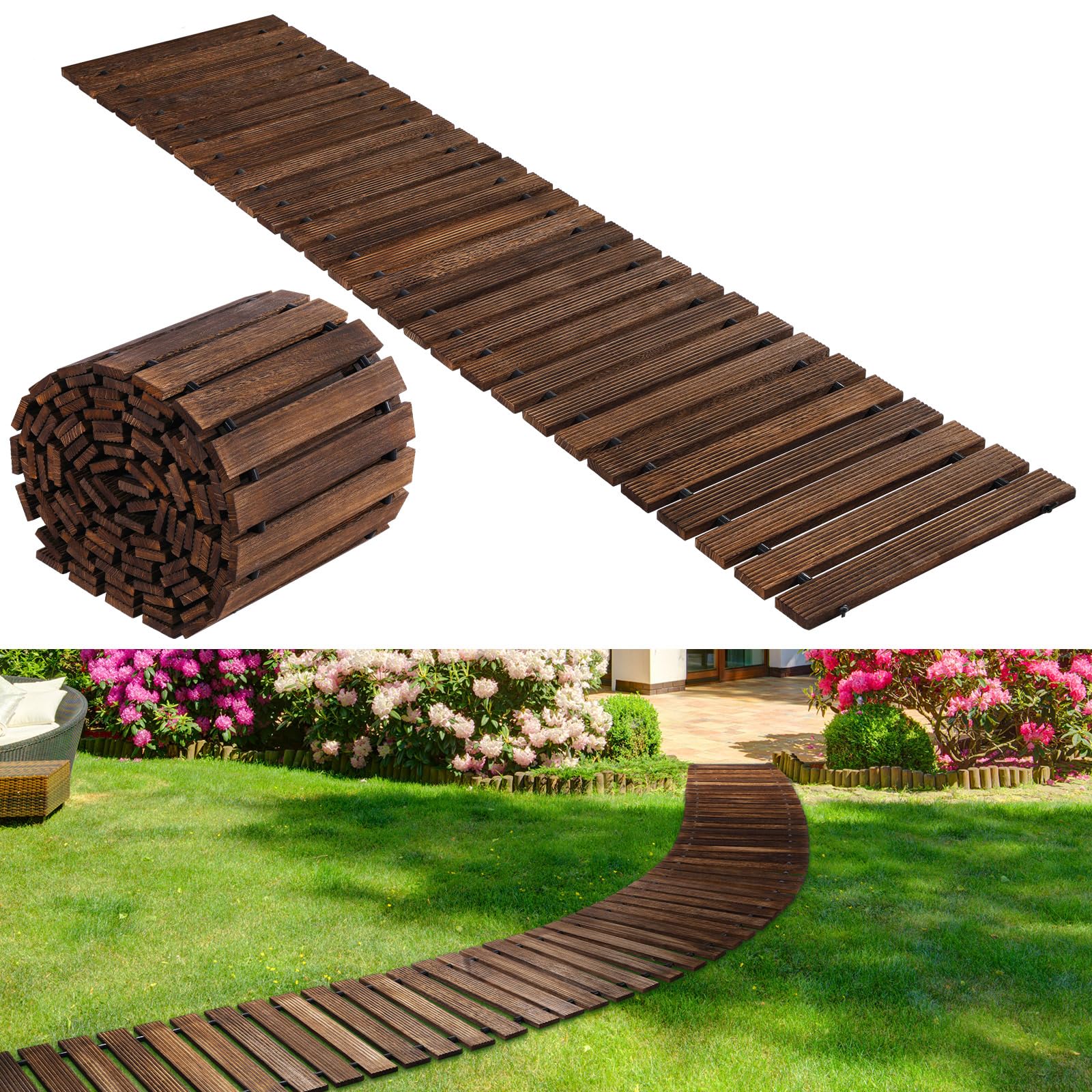 Landical wooden garden pathway rolled out for easy setup and flexible layouts.