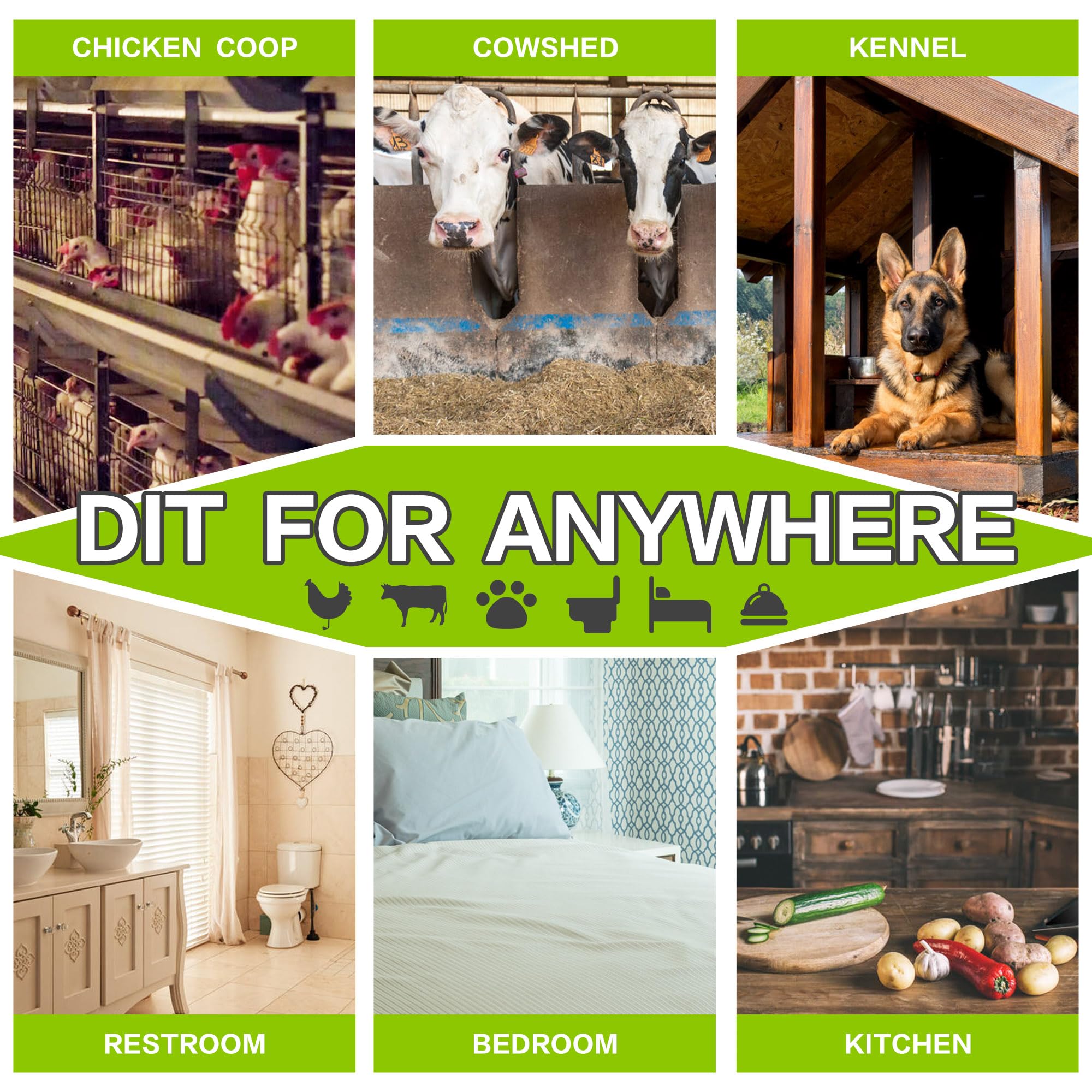 Landisun indoor-use-suitable-areas illustrates versatile placement in kitchens, pantries, and bathrooms.