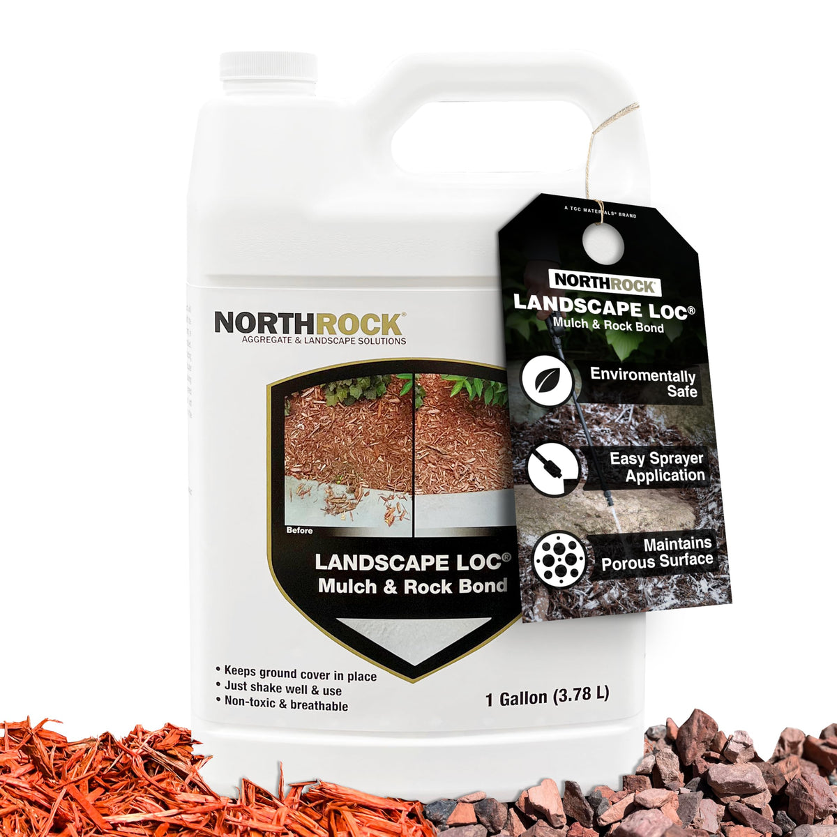 Landscape Loc Mulch Rock Bond bottle pour showing even binder distribution