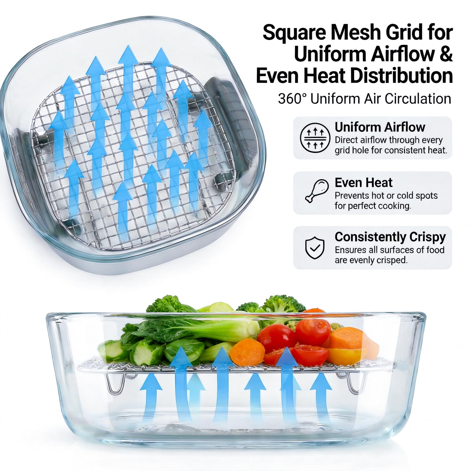 Lanejoy 304 stainless steel trays remain uncoated for clean, odor-free air frying.