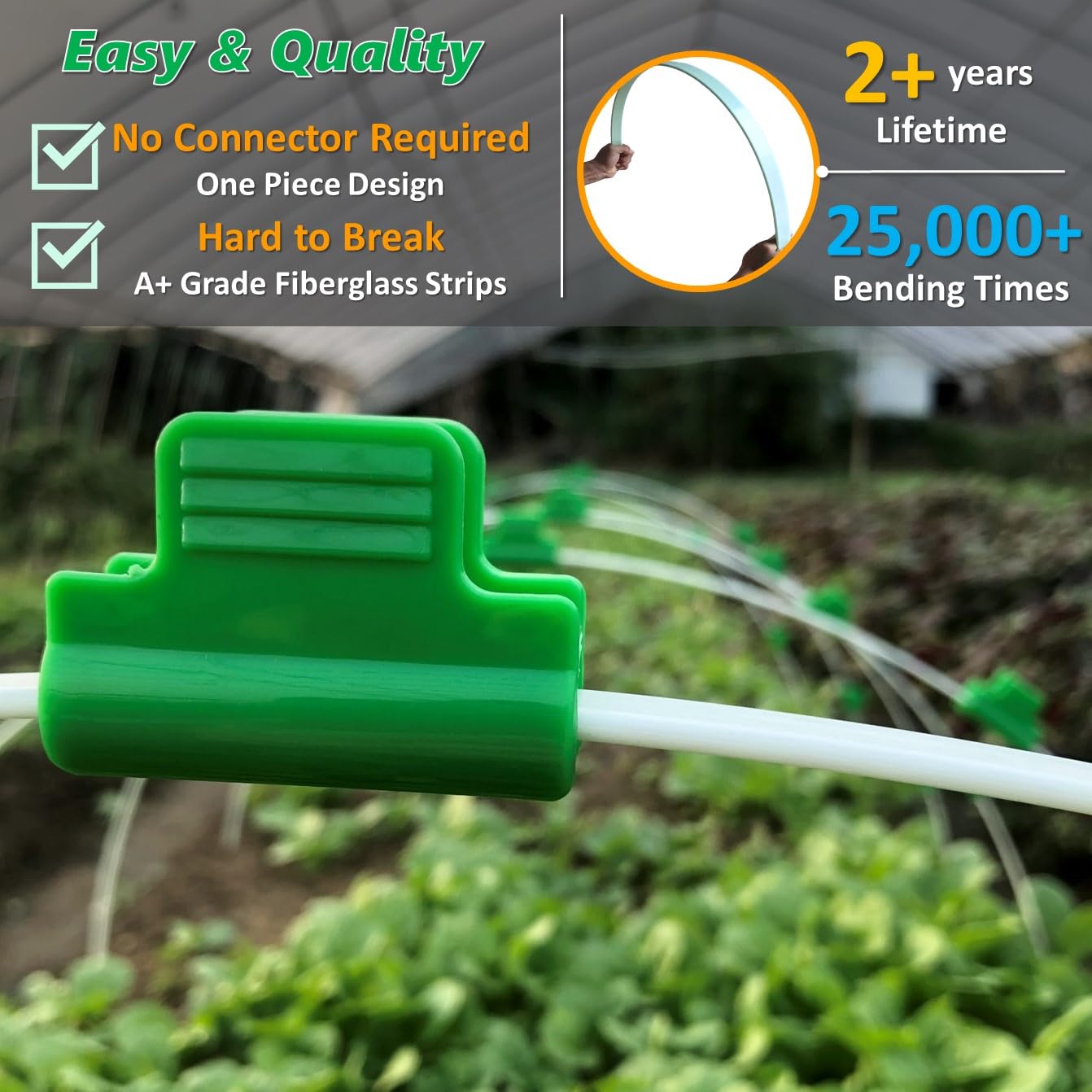 LANEVAN fiberglass hoop set ready for easy soil insertion and secure fabric attachment.