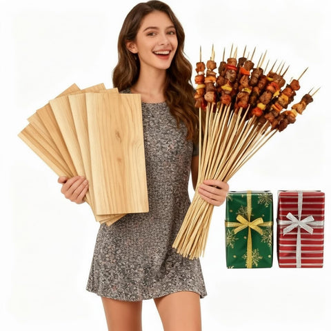 Langxinese 100 bamboo skewers for meats, fish, and vegetables.