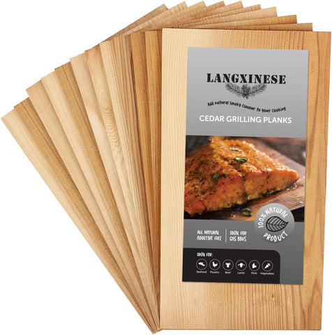 Langxinese Wider cedar planks ready for grilling to enhance smoky flavor.