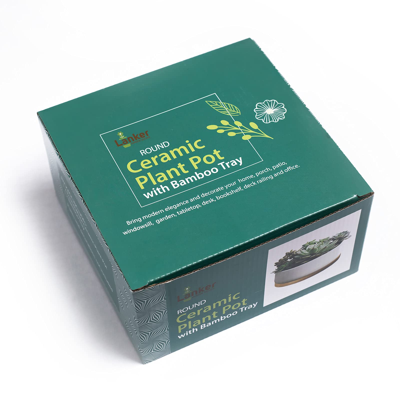 LANKER ceramic planter with bamboo tray ideal for succulents.