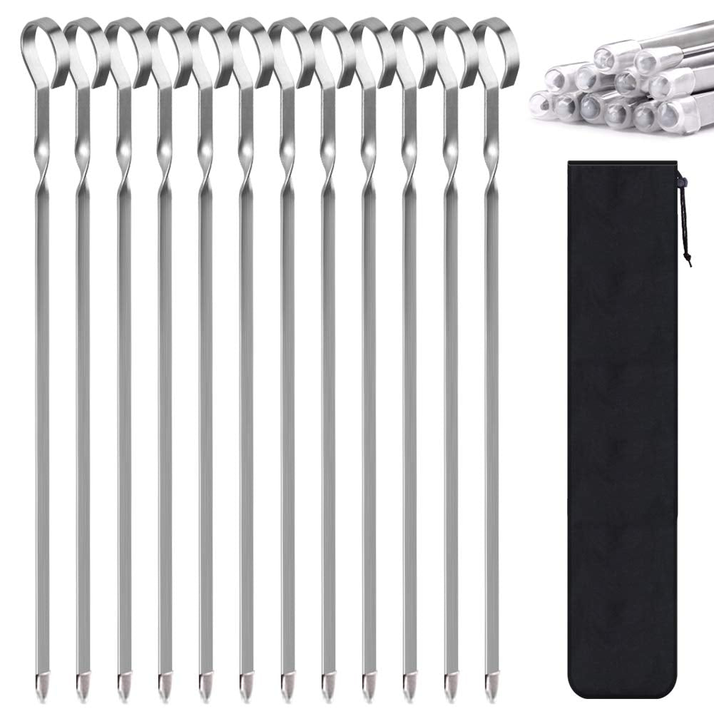 LANNEY 12-inch flat-blade kebab skewers prevent spinning and ensure even seasoning.