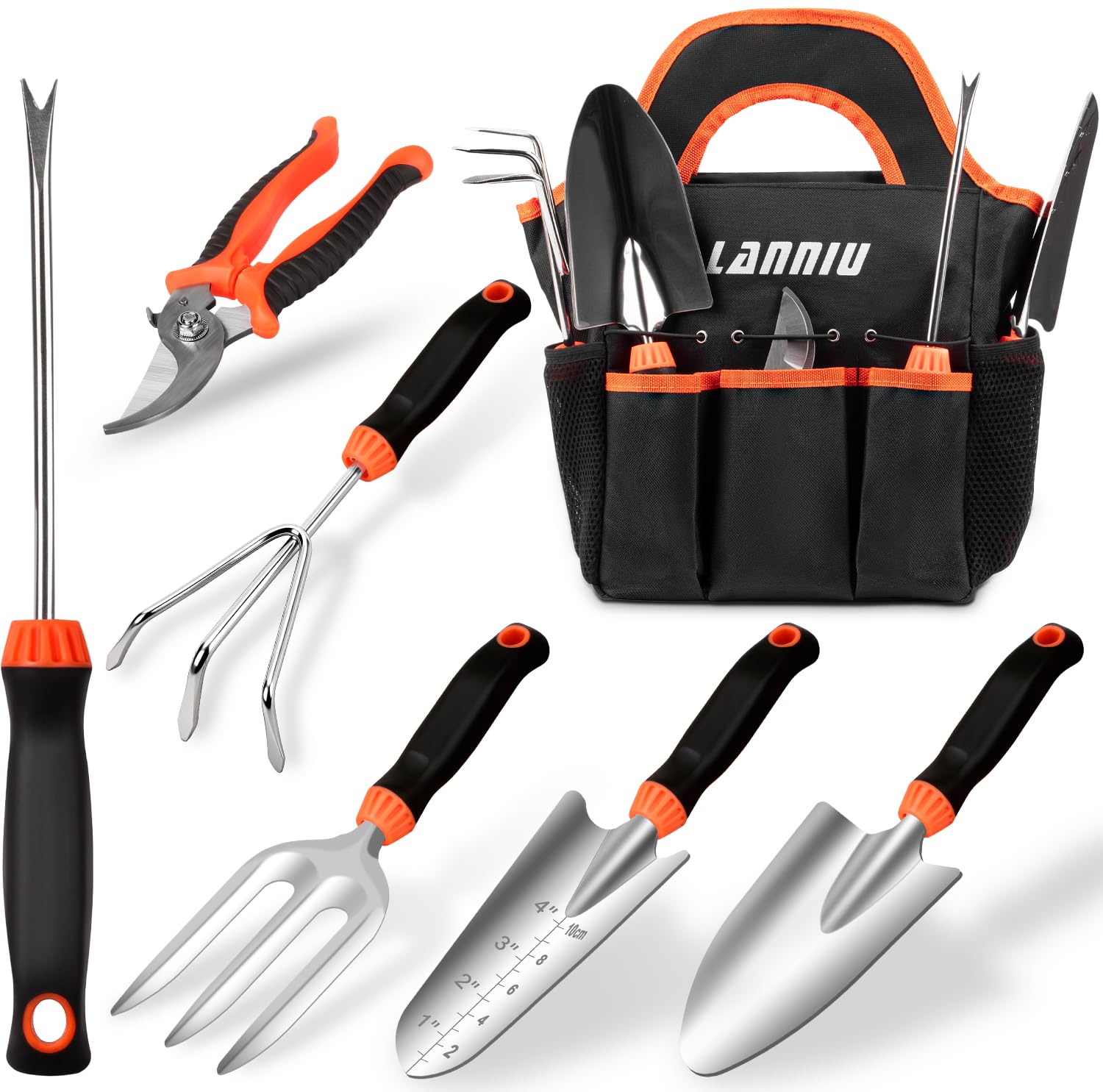 LANNIU Garden Tool Set front view with durable tools for yard tasks.