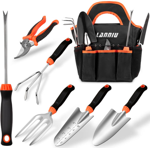 LANNIU Garden Tool Set front view with durable tools for yard tasks.