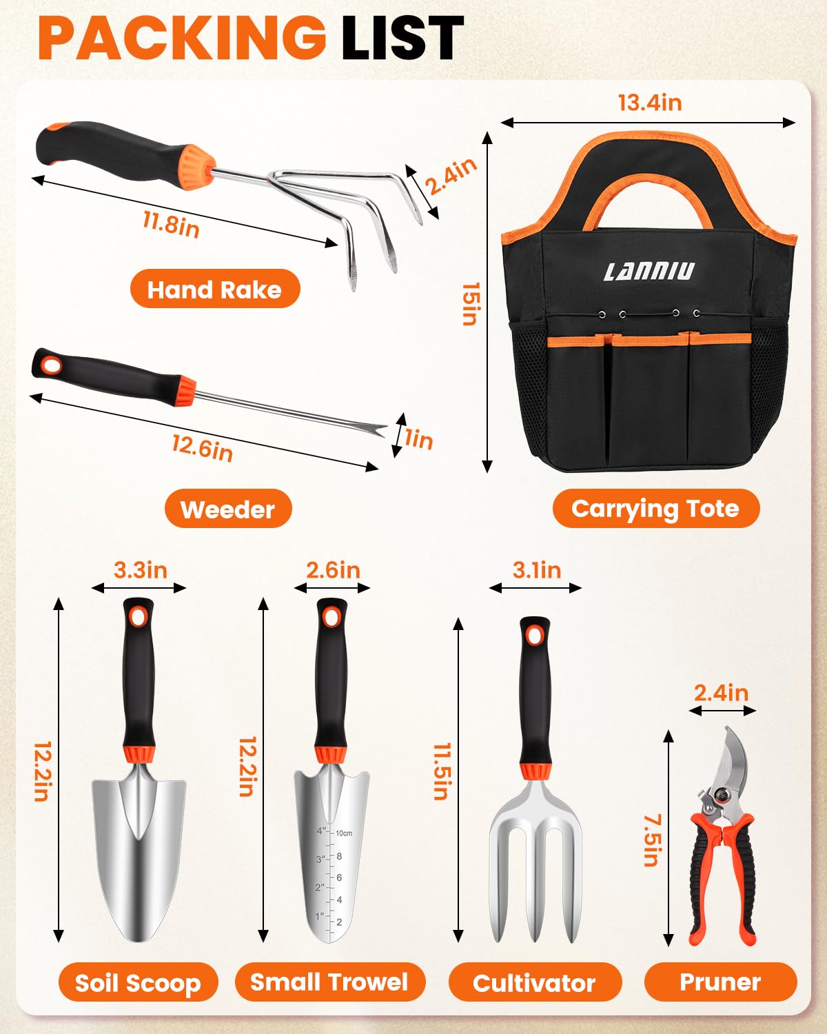 LANNIU Garden Tool Set stainless steel close-up highlighting corrosion-resistance for humid climates.