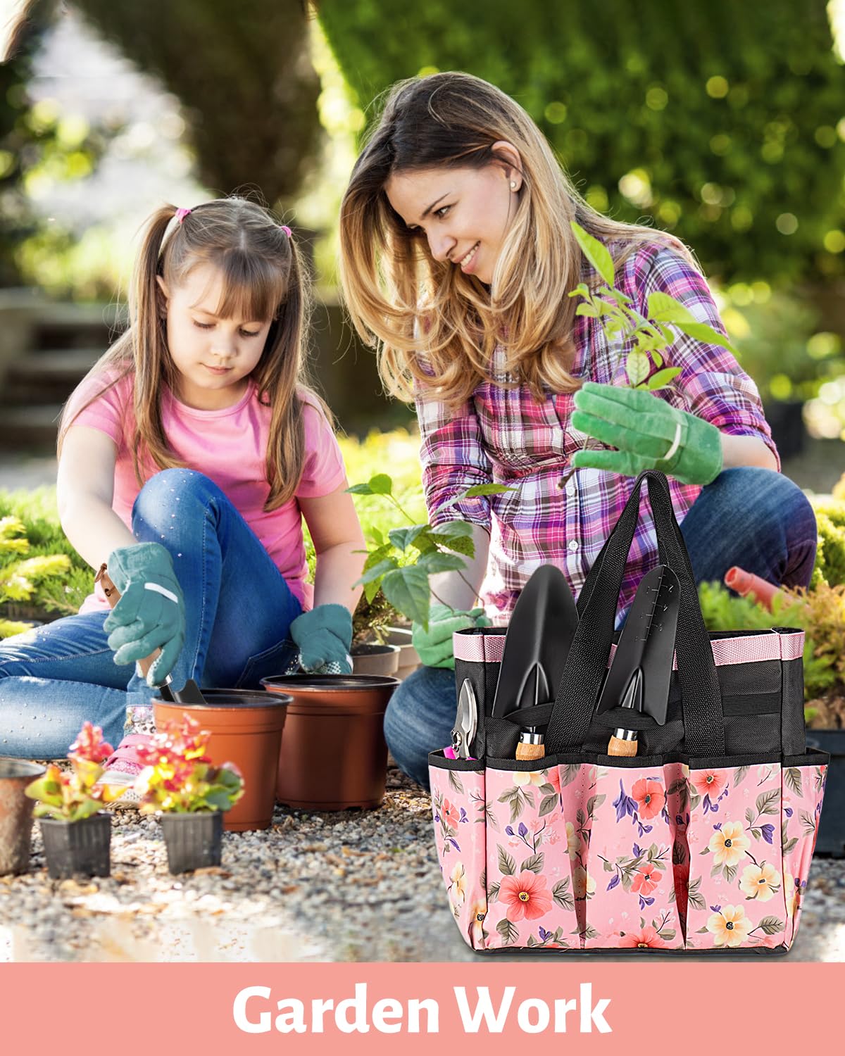 LANNIU pink floral carrying tote keeps tools organized and accessible.
