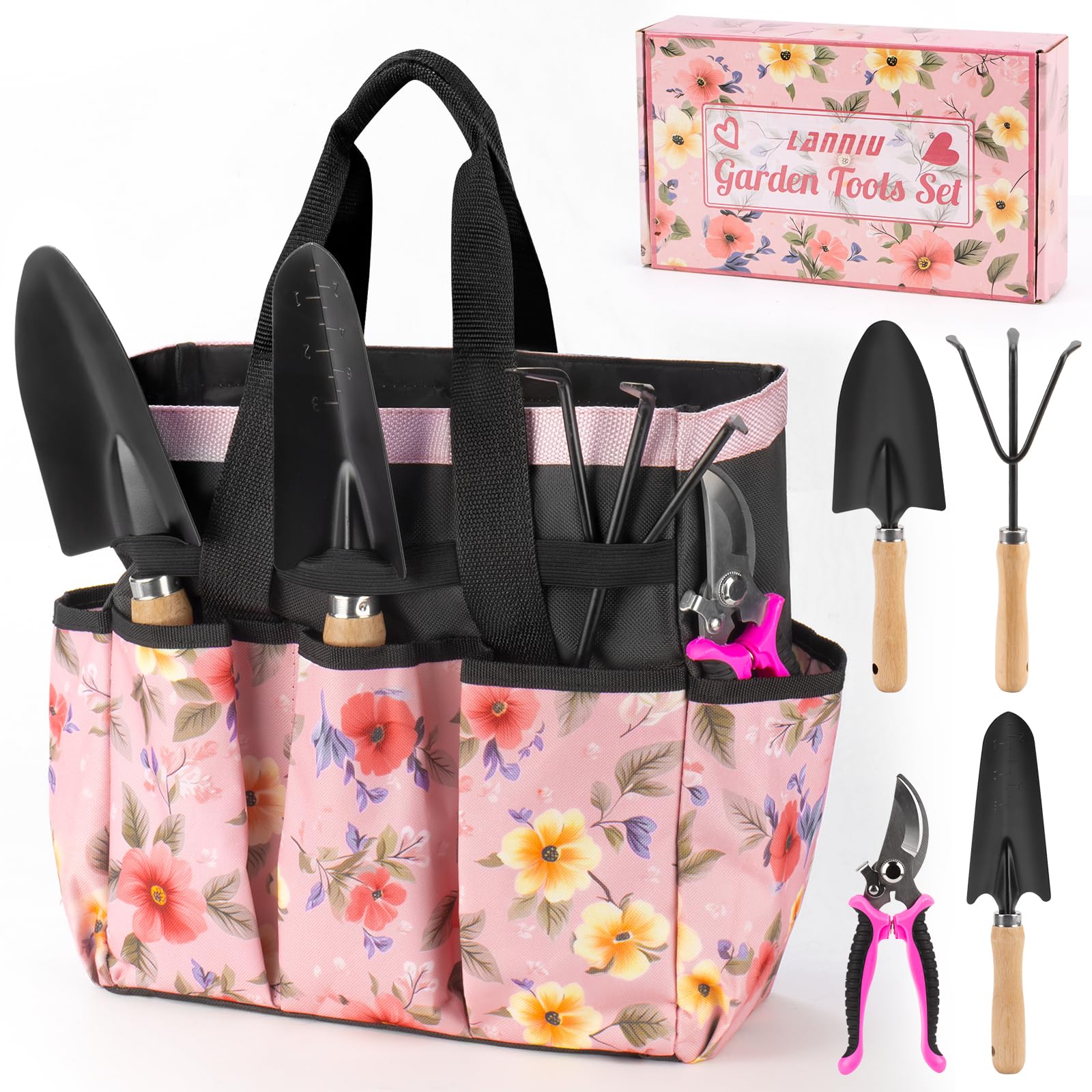 LANNIU pink gardening tools kit box opening, a stylish gift idea for gardeners.