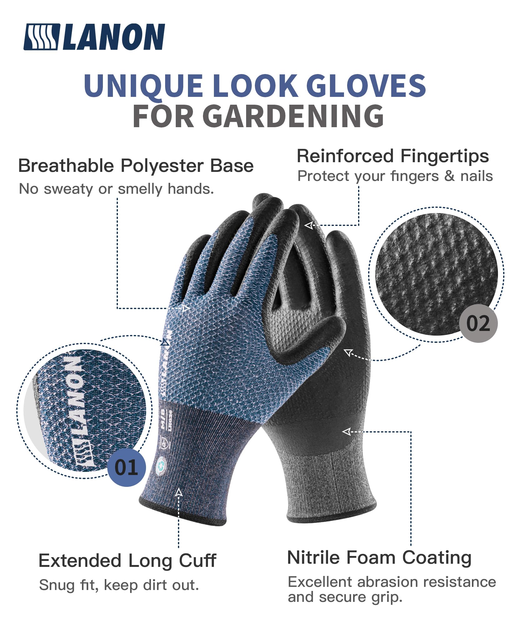 LANON Gardening Gloves in bluebird pair provide strong grip during pruning and tool handling.