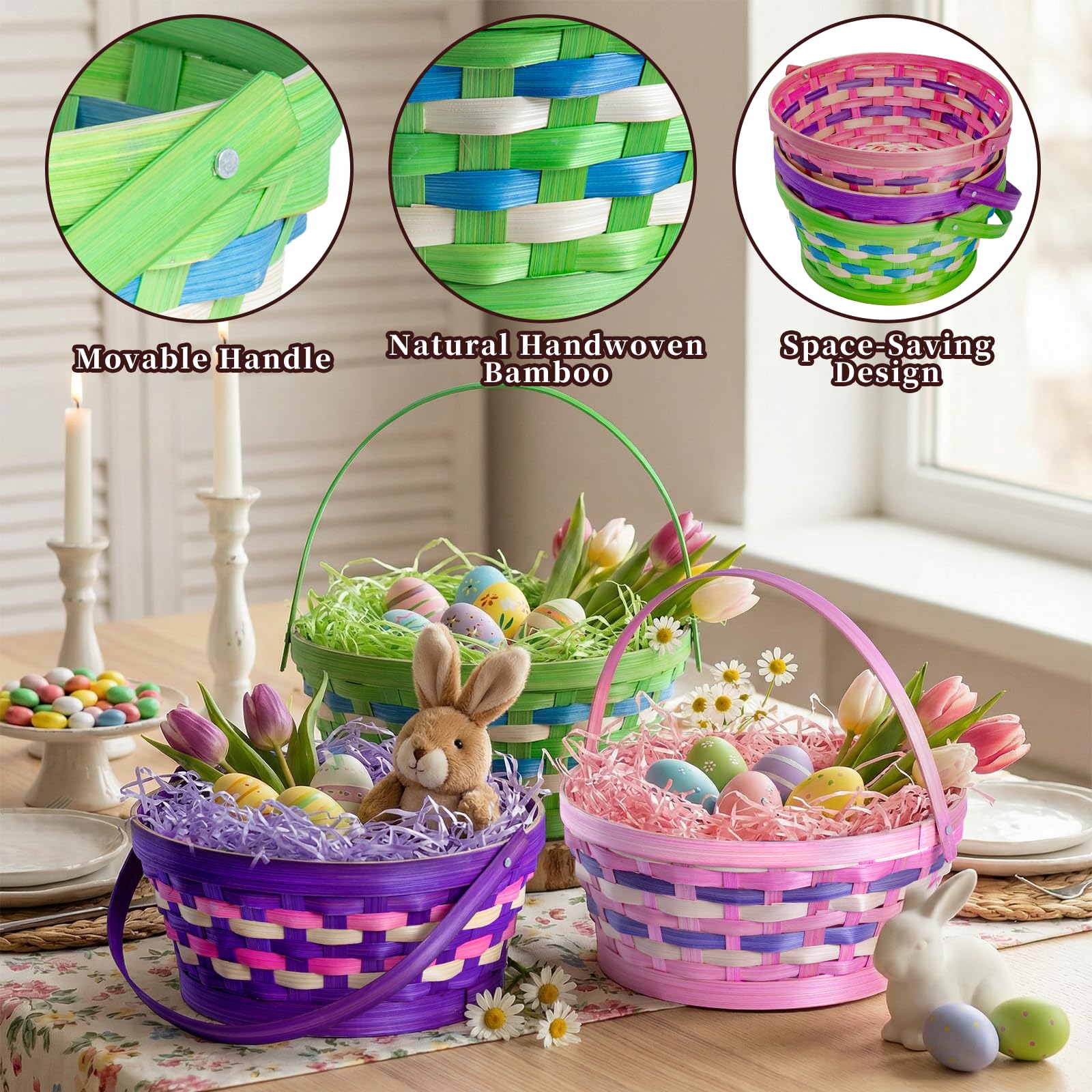 Lanpn Easter Basket 3pcs set green—lightweight handles for easy carrying during outdoor hunts.