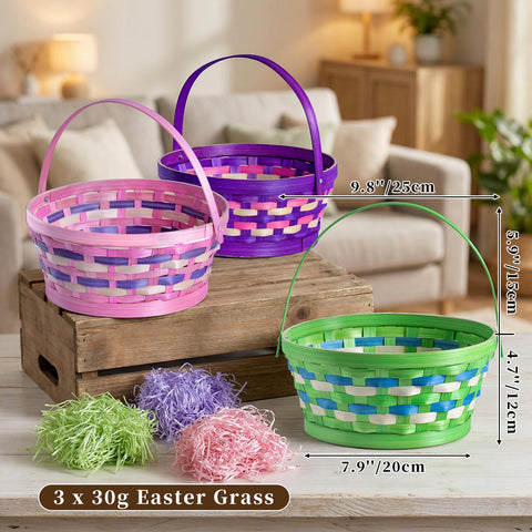 Lanpn Easter Basket 3pcs set purple—durable bamboo weave for festive table décor.
