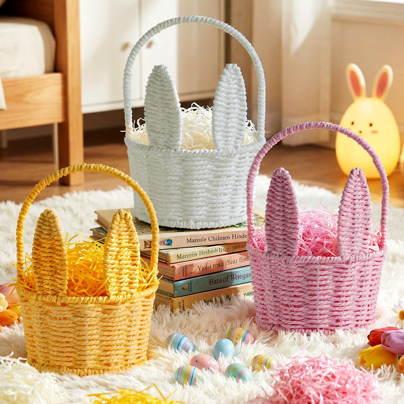 Lanpn Easter Bunny 3-piece pink basket set with sturdy paper weave for Easter egg hunts