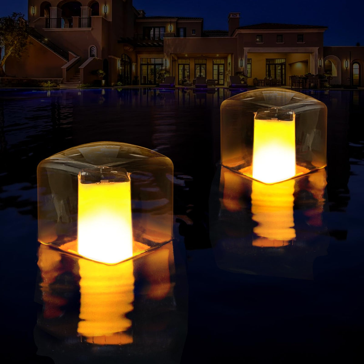 LanPool floating flame light on water creates warm ambience for pool gatherings.