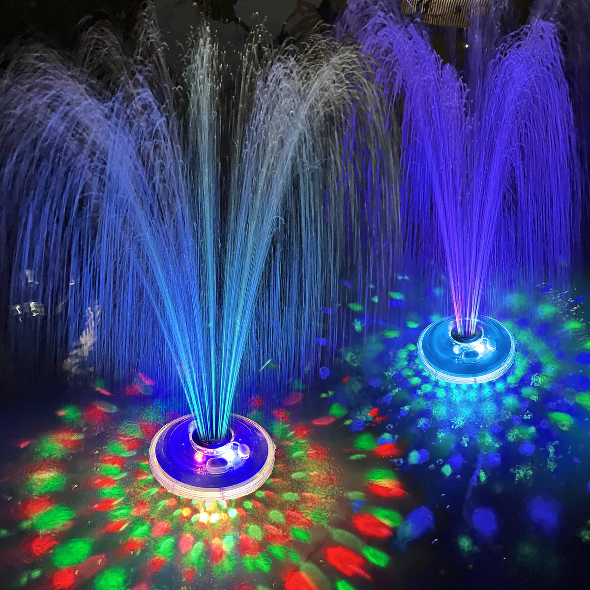 LanPool floating fountain with underwater lights enhances pool ambiance.