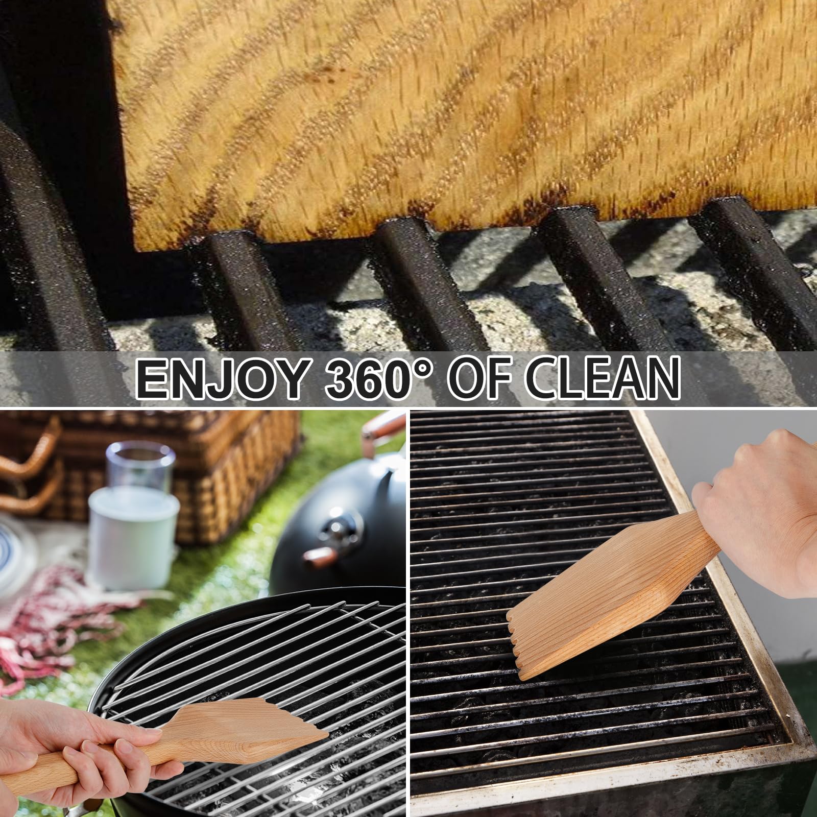 Lanpuly wooden scraper removes burnt residue without bristles sticking to surfaces.