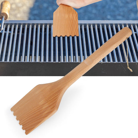 Lanpuly wood grill scraper with long handle for easy, safe cleaning on hot grates.