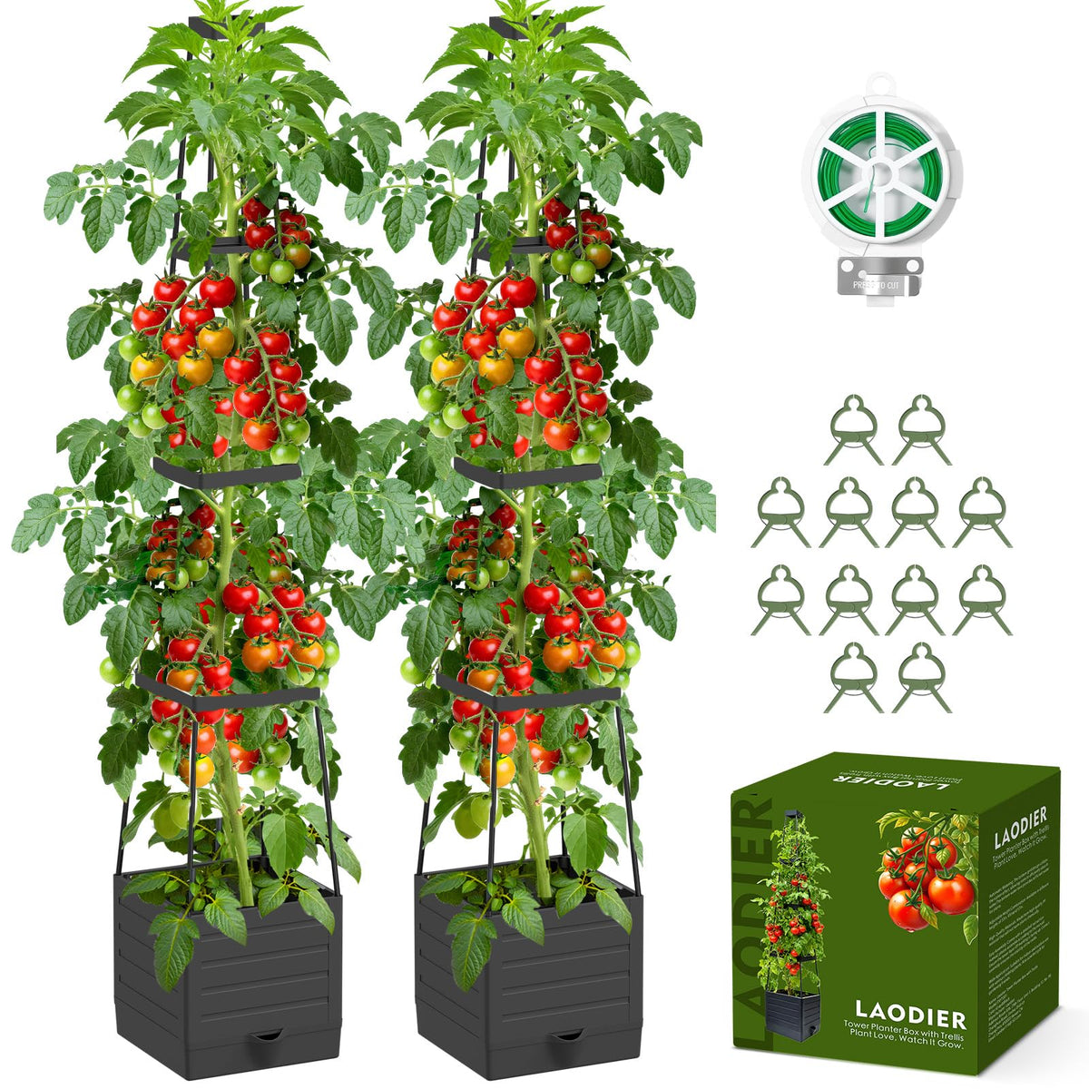 Laodier 2-pack raised bed with trellis supports tomatoes and blooms.