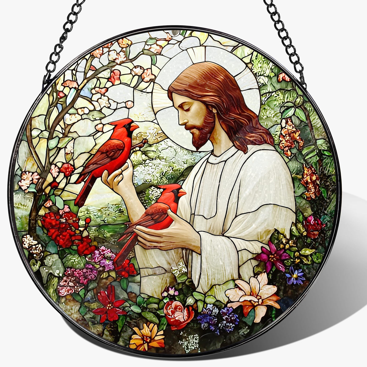 Laoweiki 8-inch Jesus with Cardinals suncatcher front view with vivid colors catching sunlight