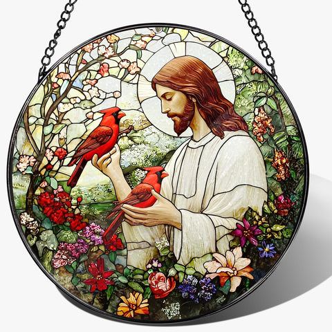 Laoweiki 8-inch Jesus with Cardinals suncatcher front view with vivid colors catching sunlight