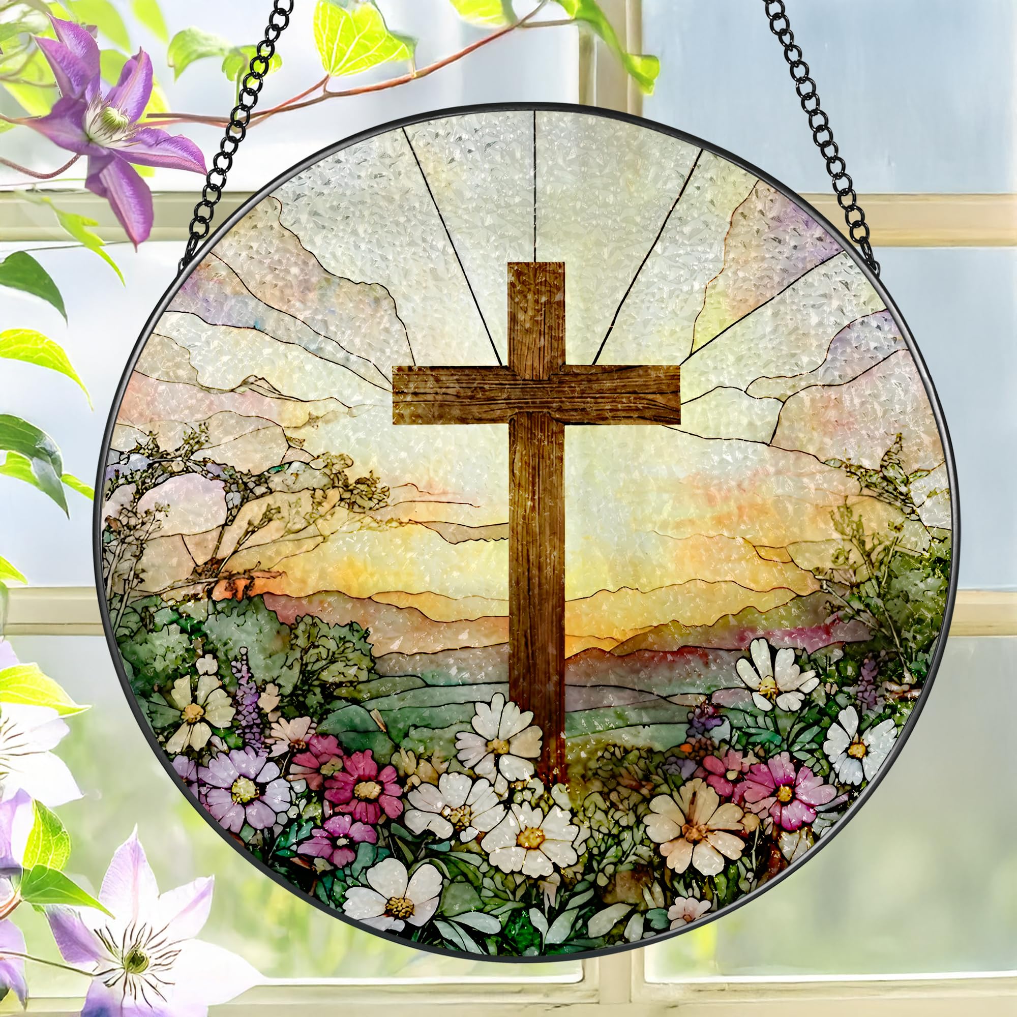LAOWEIKI 8-inch stained glass cross suncatcher brightens sunlit windows.
