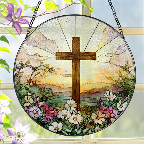 LAOWEIKI 8-inch stained glass cross suncatcher brightens sunlit windows.