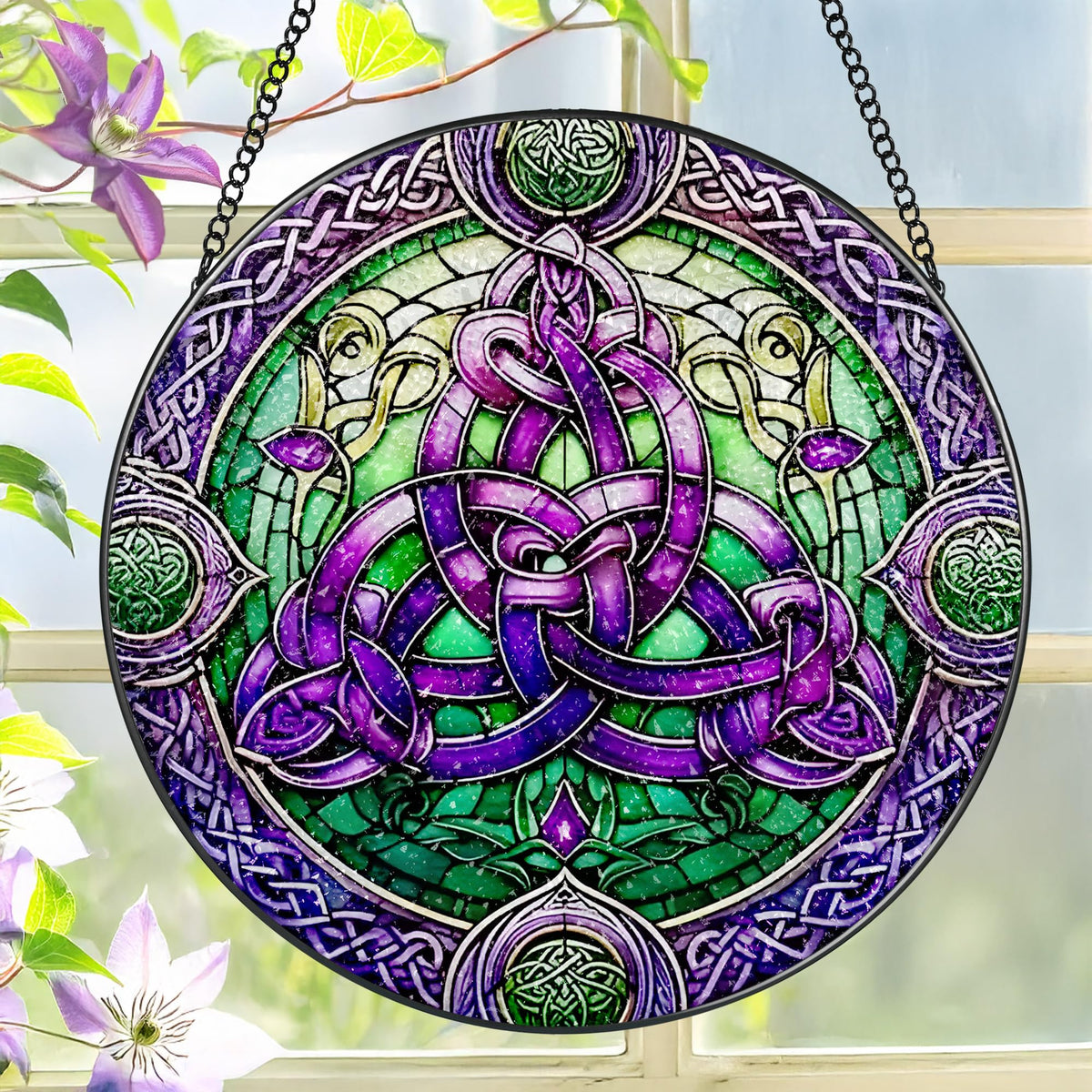 LAOWEIKI 8-inch Celtic Knot Suncatcher captures sunlight with vivid colors.