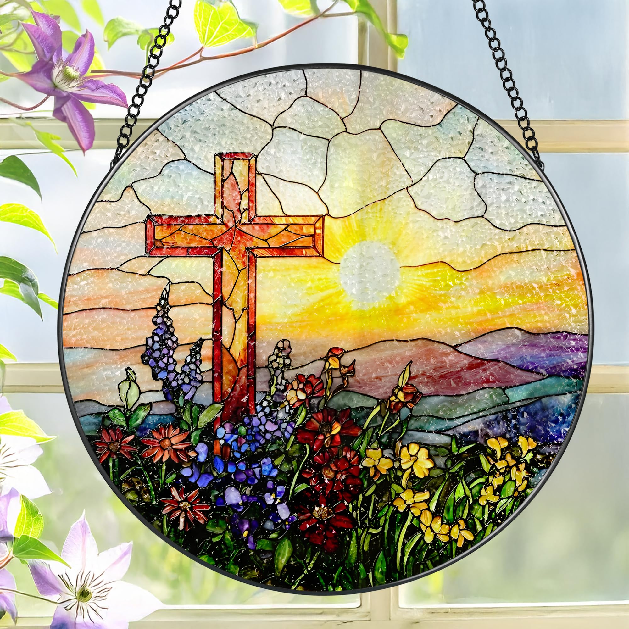 LAOWEIKI 8-inch cross sun catcher in a window with vivid colors