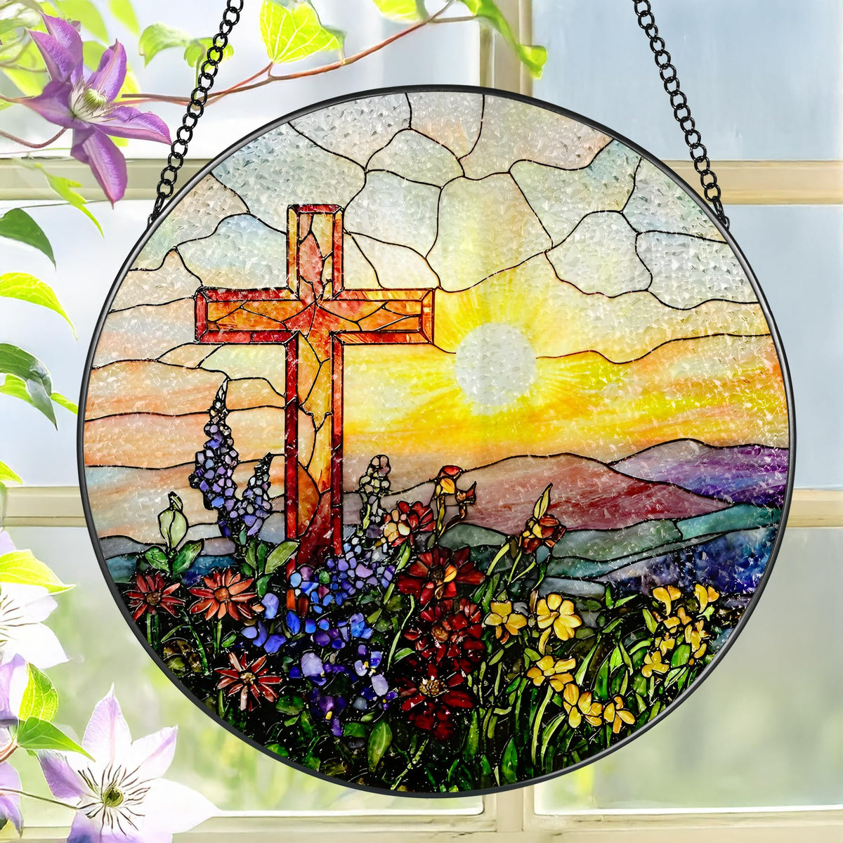LAOWEIKI 8-inch cross sun catcher in a window with vivid colors