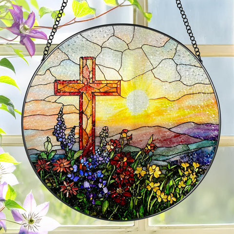 LAOWEIKI 8-inch cross sun catcher in a window with vivid colors